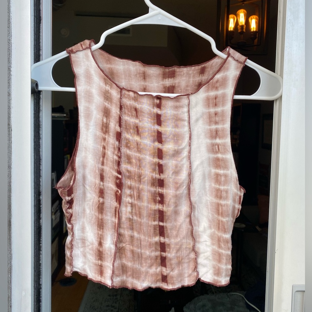 Brown white neutrals boat neck sheer crop with exposed seams